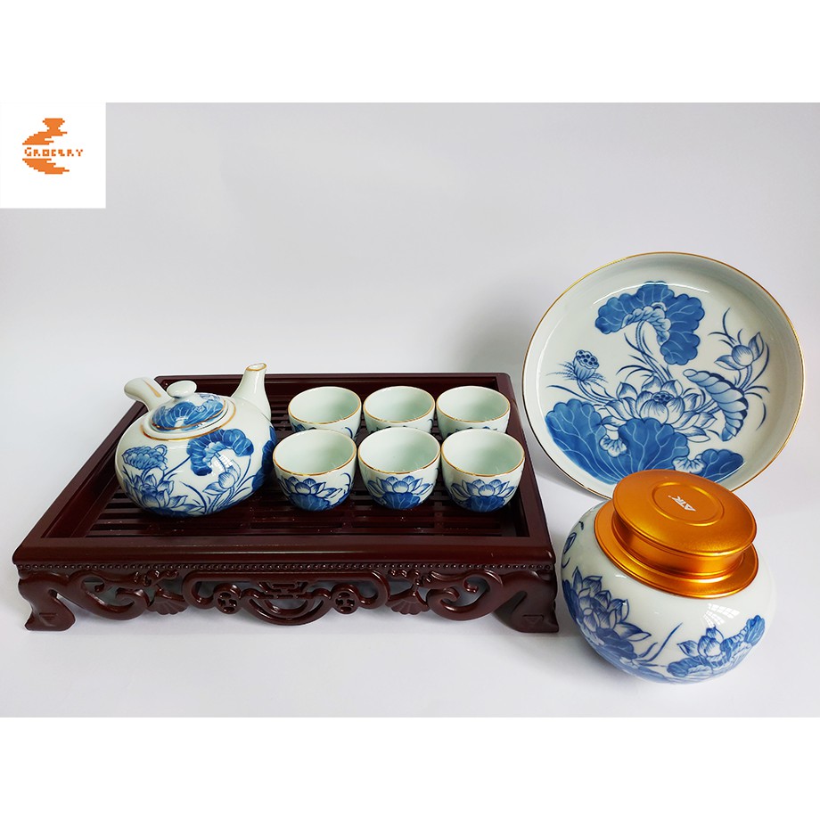 Bộ ấm chén giả cổ kẻ vàng kim cảnh sen