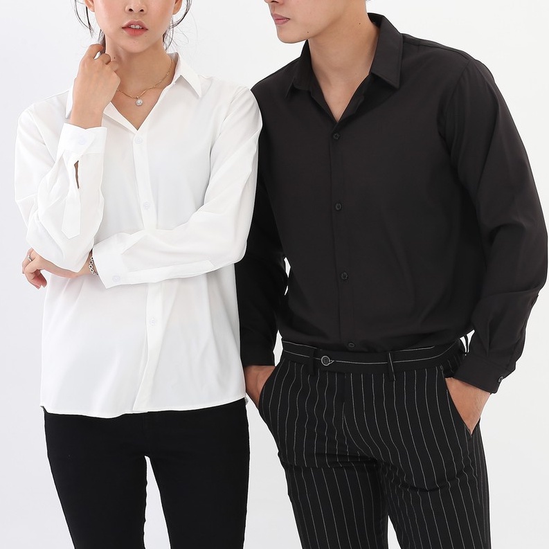 Áo sơ mi form rộng dài tay sơ mi unisex vải lụa trơn chống nhăn