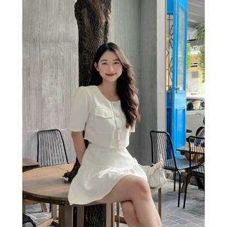Set áo croptop trắng bố túi nắp + chân váy - elleni