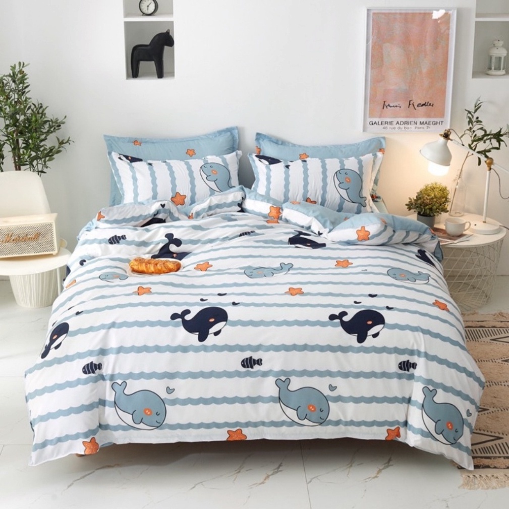 Bộ chăn ga Cotton poly Miha bedding kèm 2 vỏ gối,hình thú cute,drap giường,mền đẹp