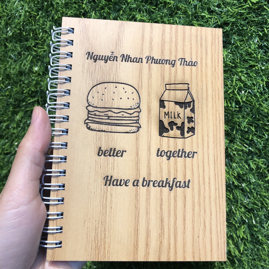 Sổ bìa gỗ khắc hình dễ thương - Sổ tay handmade bìa gỗ cứng - Thiết kế và khắc tên theo yêu cầu