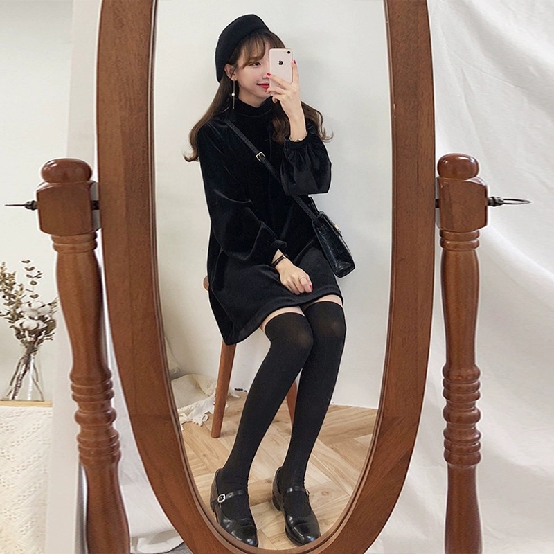 MS241 Váy đầm nhung xoè tay bồng tiểu thư