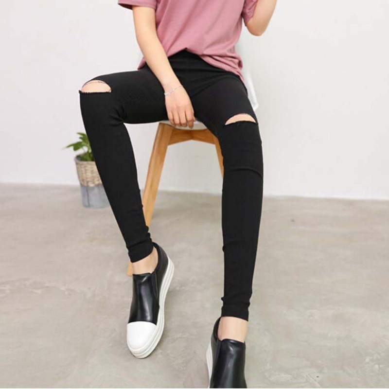 Quần legging phối rách màu trơn thời trang cho nữ