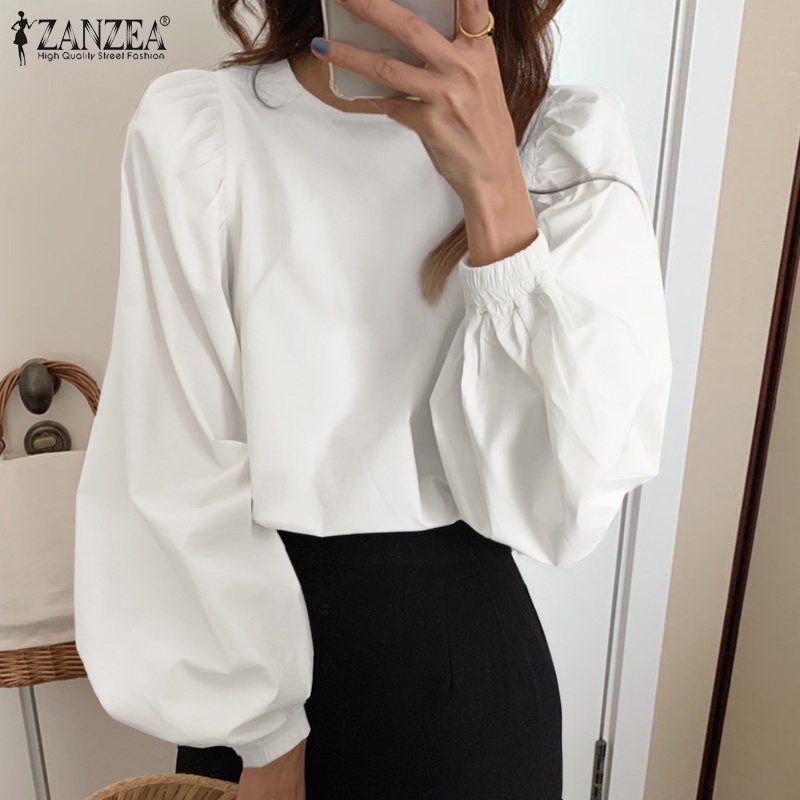 Áo ZANZEA tay phồng dáng rộng cổ tròn màu trơn thời trang retro cho nữ