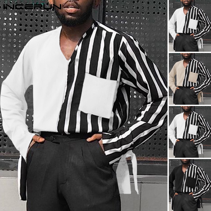 Áo sơ mi INCERUN tay dài cổ chữ v thời trang sành điệu cho nam