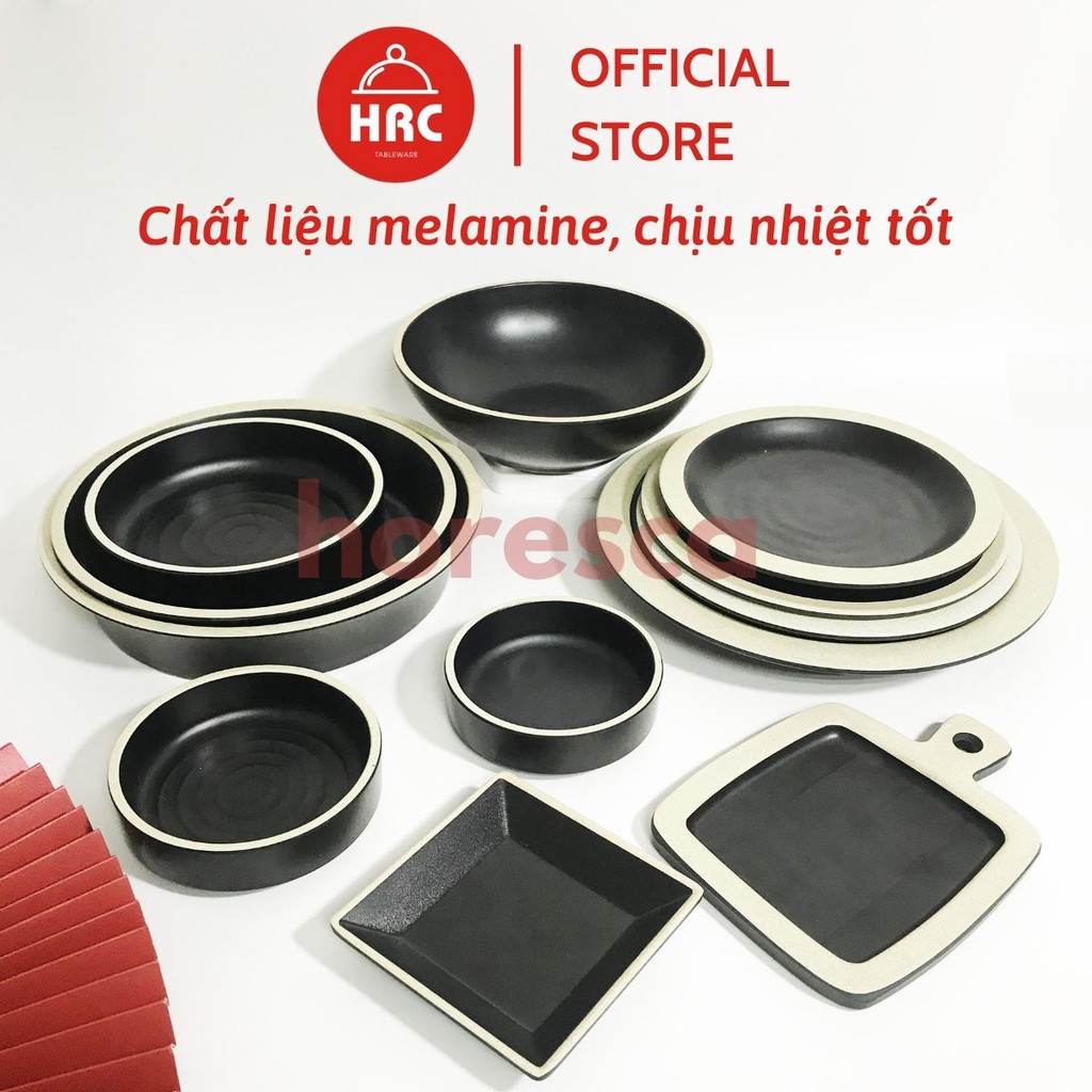 Bộ Tô Đĩa Tròn Bộ Đồ Bàn Ăn Nhựa Phíp Melamine Đen Nhám Mờ Viền Trắng Giả Sứ (Cao Cấp)