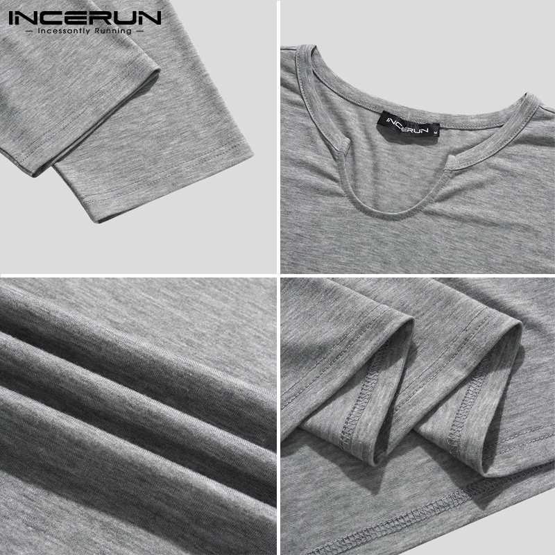 Áo thun Incerun dài tay cổ kiểu màu trơn 3 màu tùy chọn thời trang cho nam