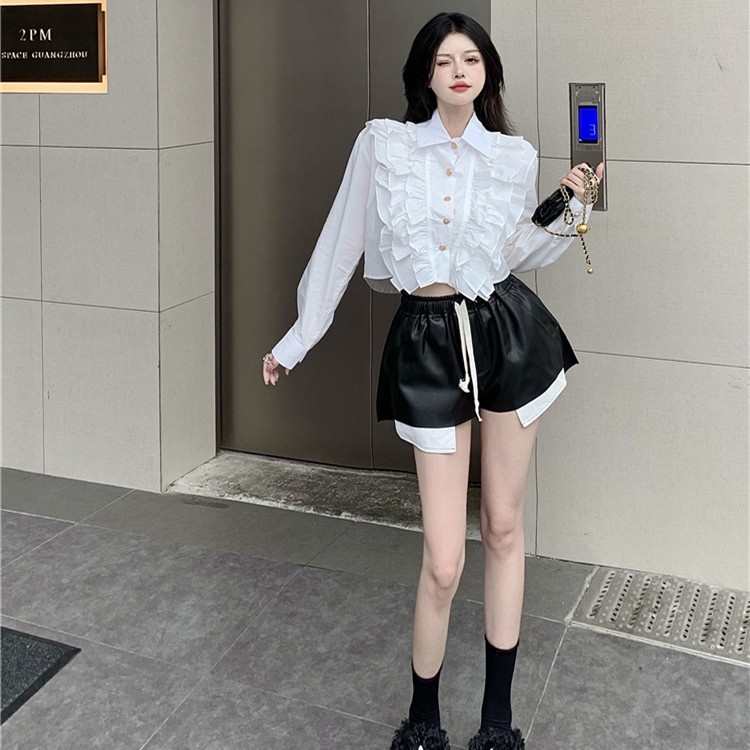 Set Áo Sơ Mi Tay Dài + Quần Short Da pu Lưng Cao Thời Trang