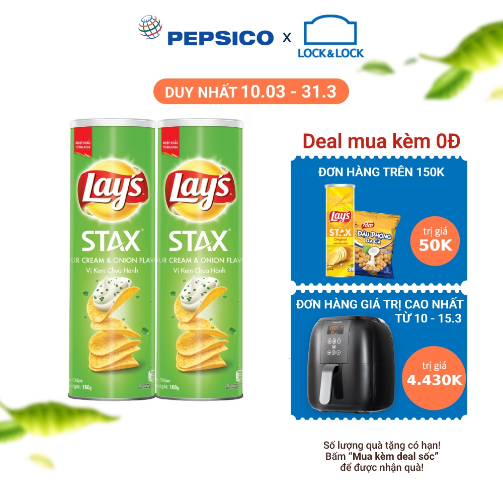 Combo 2 Bánh snack khoai tây miếng Lay's Stax Malaysia vị kem chua hành tây 160g/hộp