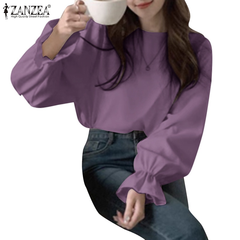 Áo ZANZEA màu trơn tay dài phồng cổ tròn phối nút mặt sau thời trang cho nữ