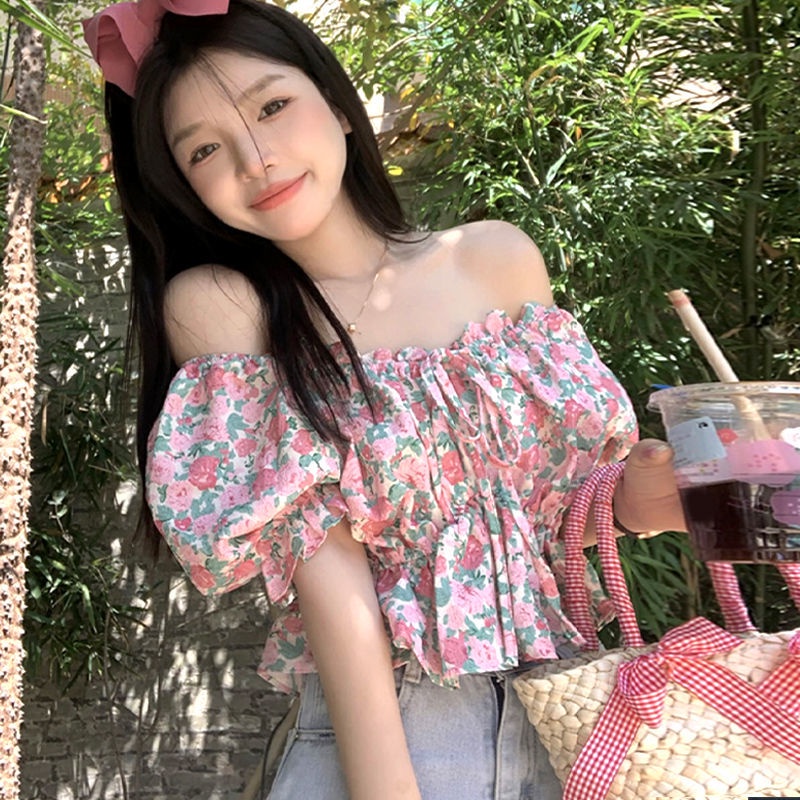 Áo Kiểu Trễ Vai Tay Phồng In Họa Tiết Hoa Thời Trang Mùa Hè 2022 Phong Cách Mới Cho Nữ