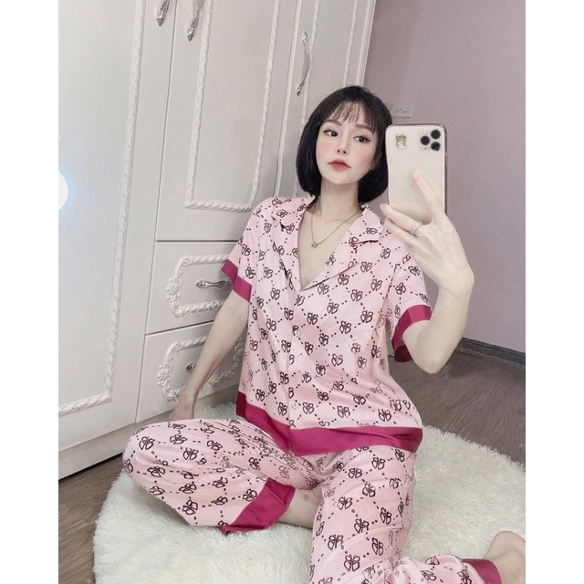 Bộ pijama quần dài áo cộc lụa tơ cao cấp hoạ tiết
