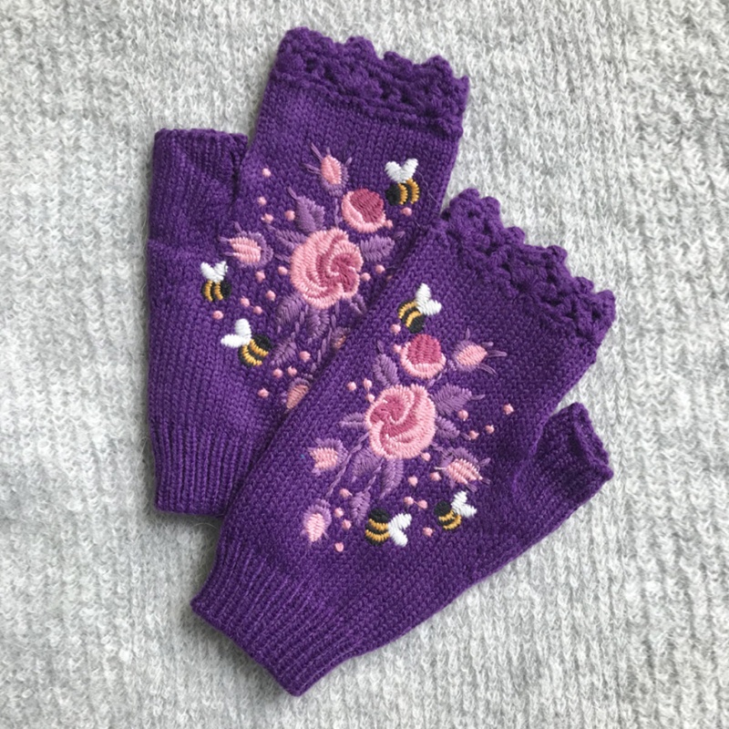 Găng Tay Hở Ngón Họa Tiết Thêu Thời Trang Nữ