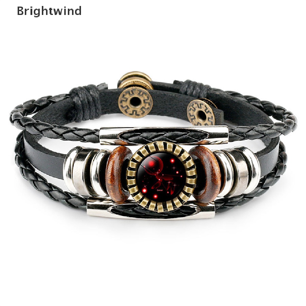 [Brightwind] 12 Constellation Zodiac Sign Black Braided Leather Bracelet Cancer Leo Virgo Libra Woven Glass Dome Jewelry