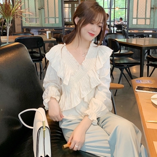 (ORDER) Áo sơ mi nữ cổ V phối bèo cánh tay điệu đà tiểu thư sang trọng Hàn Quốc (New_Arrivals_Hot)