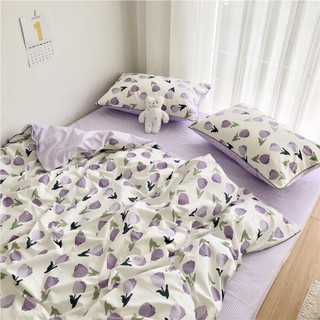 Bộ chăn ga gối drap giường chất cotton poly họa tiết tulip tím