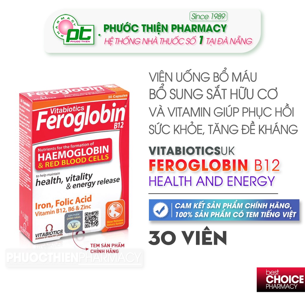 Viên uống bổ máu bổ sung sắt hữu cơ của Anh Quốc Vitabiotics Feroglobin Capsules 30 Viên