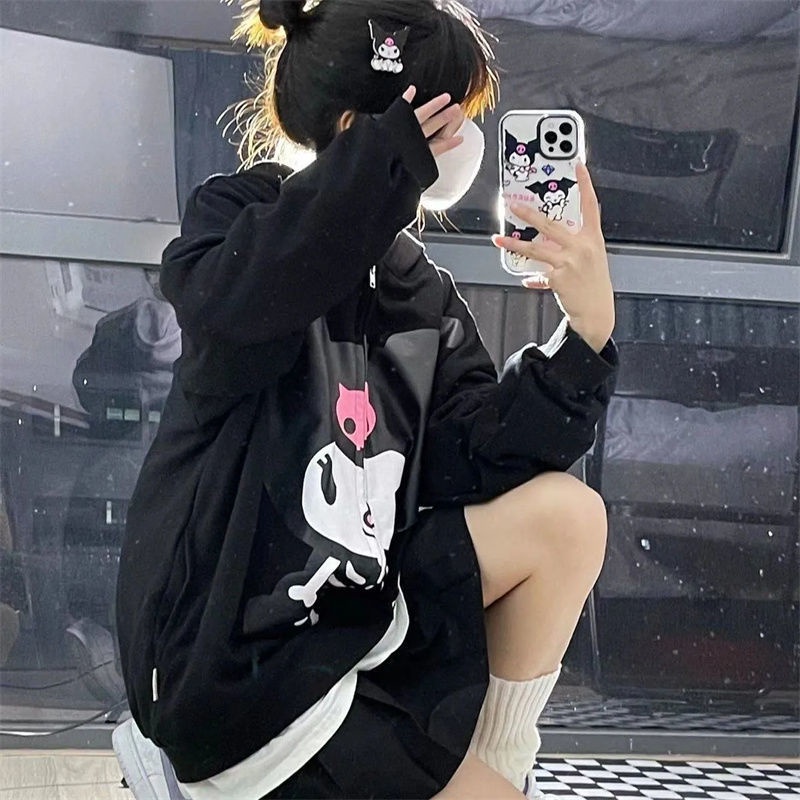 Áo Khoác Cardigan Có Nón In Hình Kuromi Thời Trang Nam Nữ