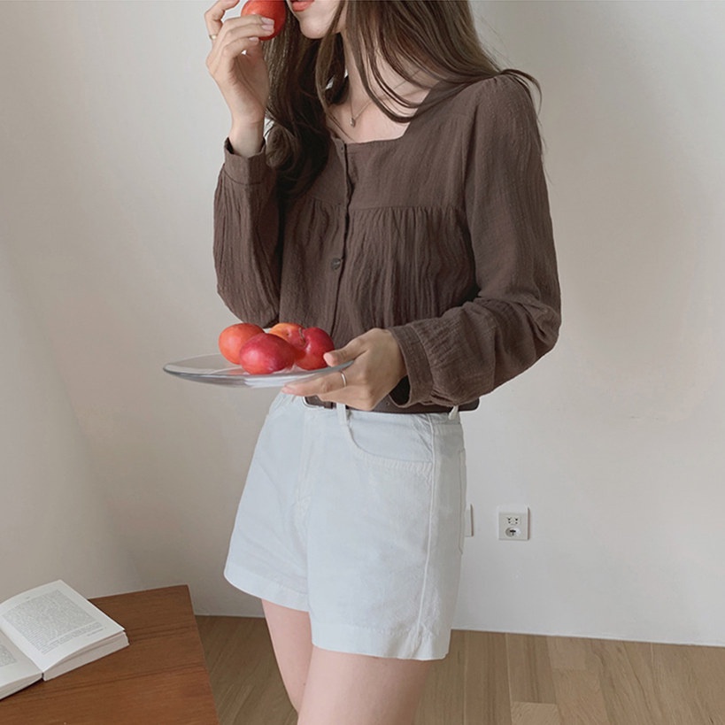 SUXI Áo Sơ Mi Tay Dài Cổ Vuông Màu Sắc Đơn Giản Dễ Phối Đồ Phong Cách Hàn Quốc Cho Nữ