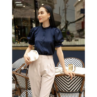 Olv - áo kiểu navy frilled neck top