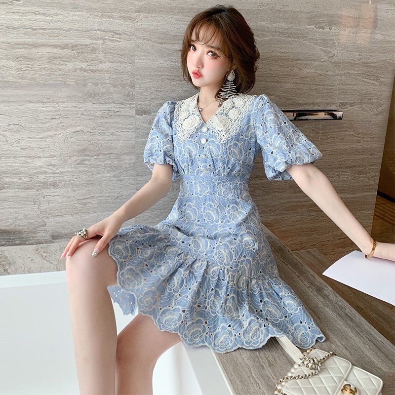 Summer new light luxury dress advanced style hollow-out embroidered Chanel style slimming dress