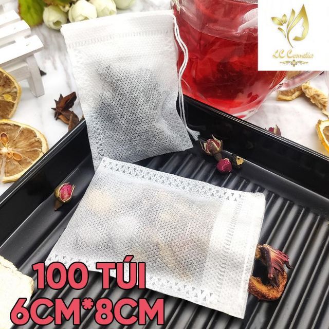 Set 100 túi trà lọc trà 6x8cm bằng vải chất lượng cao có dây rút- Phukientuiloc