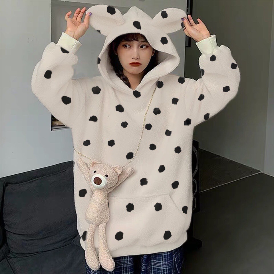 (Tặng Gấu Teddy) Áo Hoodie Chấm Bi Mũ Tai Gấu Kèm Gấu Bông Đeo Chéo Style Hàn Quốc Form Rộng Nỉ Ngoại