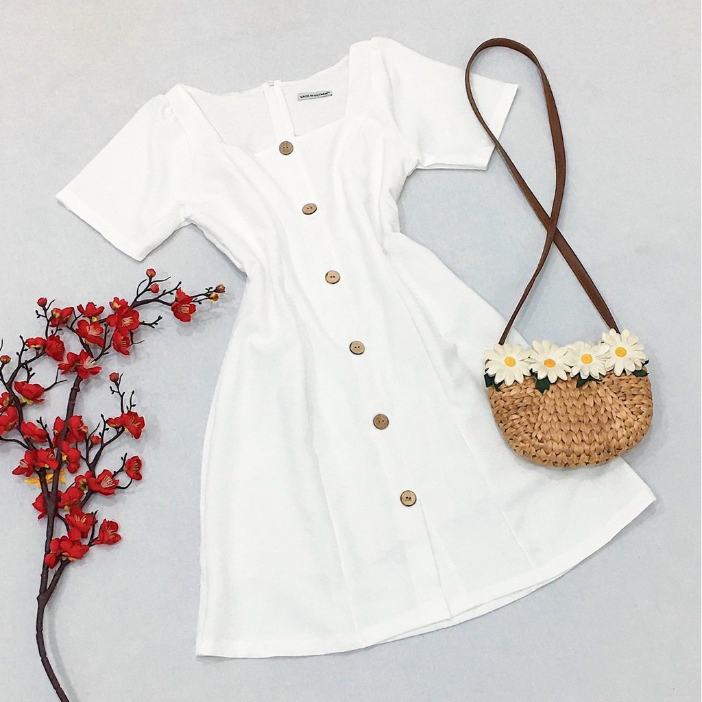 Đầm váy freesize cổ U nút dừa 2 màu