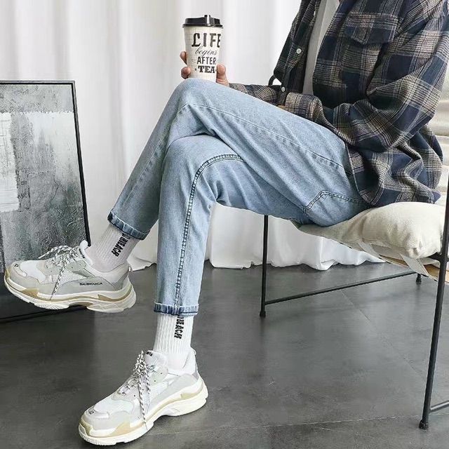 Quần bagyy jean trơn co giản xanh nhạt