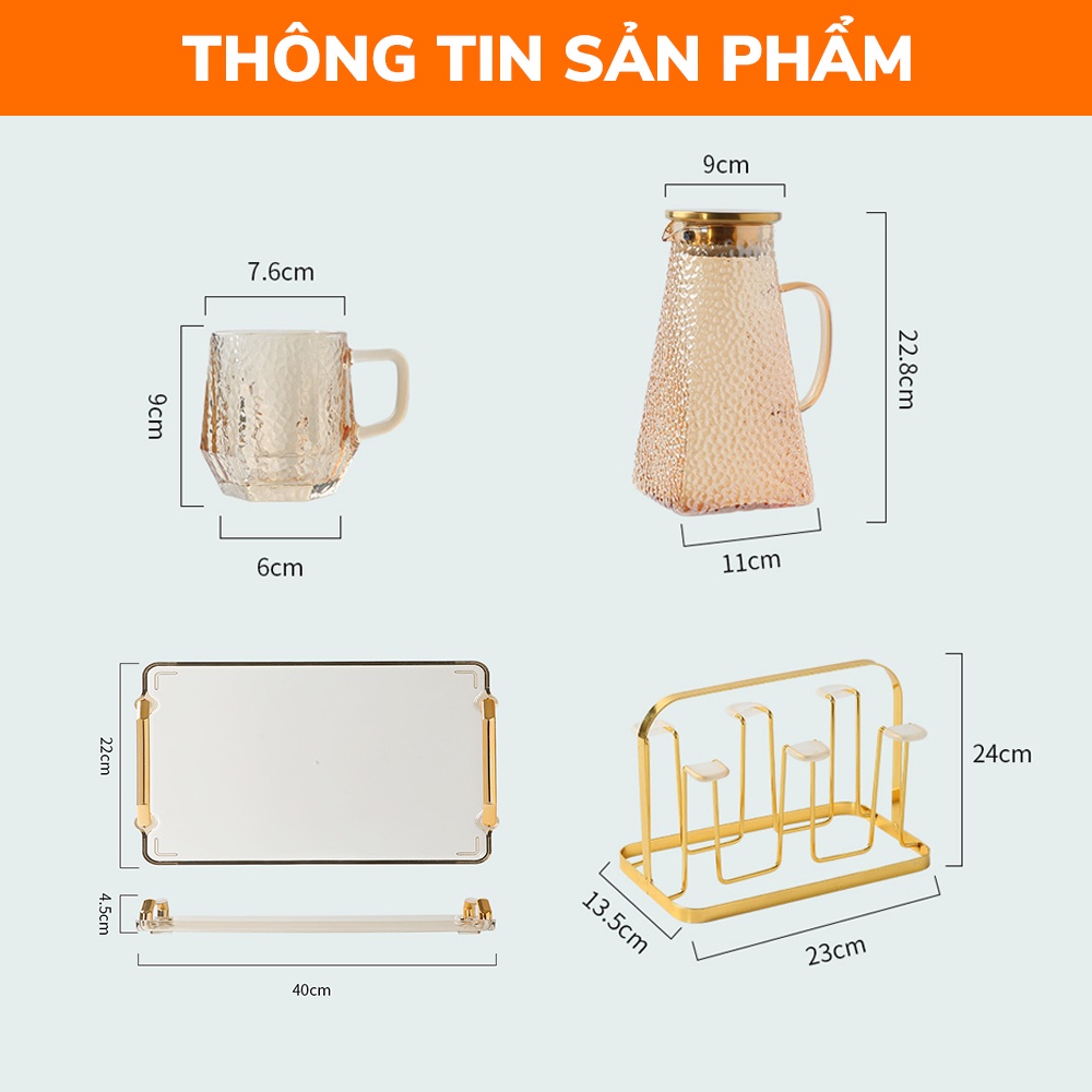 Bình nước thủy tinh, bộ bình nước loe sần 6 cốc kèm khay và giá úp - VS321