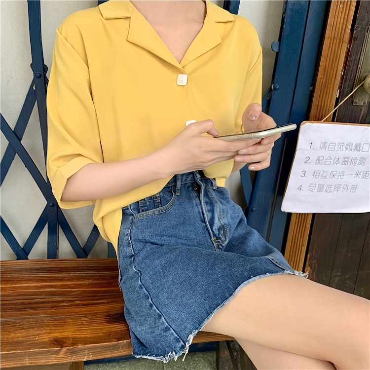 Áo sơ mi nữ SUXI tay ngắn cổ polo phong cách Hàn Quốc cổ điển