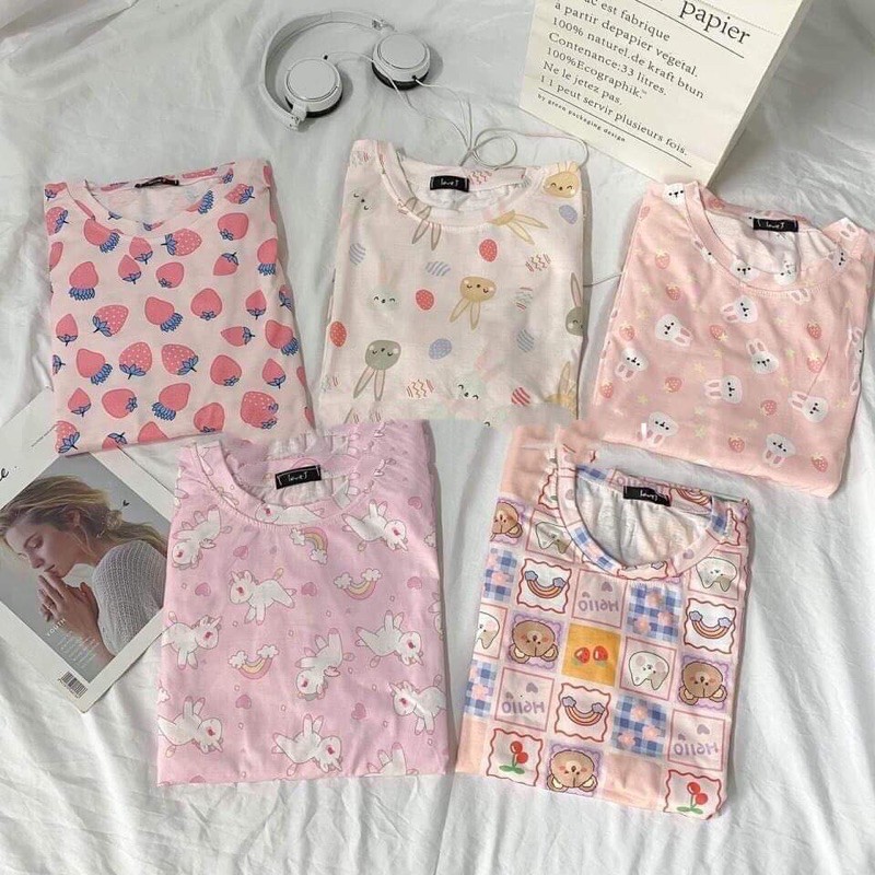 Set Cộc Thỏ Dâu Unicorn Nữ [FREESHIP] 🌸 Bộ đồ ngủ mùa hè ngắn tay, thun mặc ở nhà form rộng icon Ulzzang 🌸