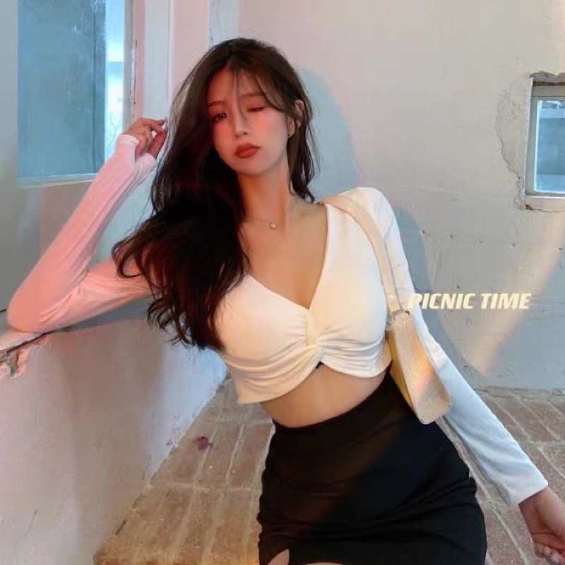 ÁO CROPTOP TAY DÀI XOẮN NGỰC ẢNH THẬT CUỐI X8