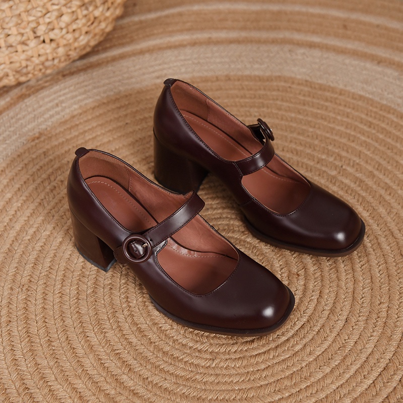 Giày Cao Gót Da Đế Dày Mũi Tròn Màu Nâu/Đen Cho Nữ