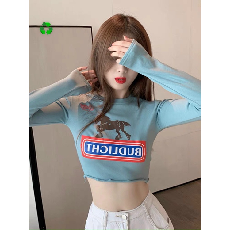 Áo kiểu croptop tay dài in hình còn ngựa chữ cực xinh , chất thun bozip mềm mịn
