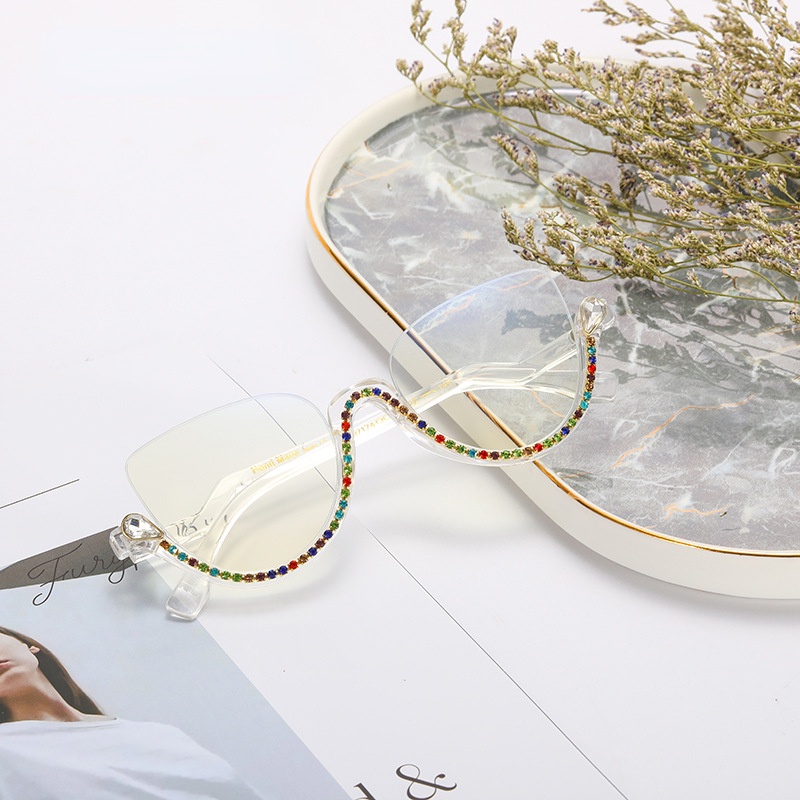 (JIUERBA) Mắt Kính Nửa Gọng Tròn Đính Đá Chống Ánh Sáng Xanh Thời Trang Phương Tây