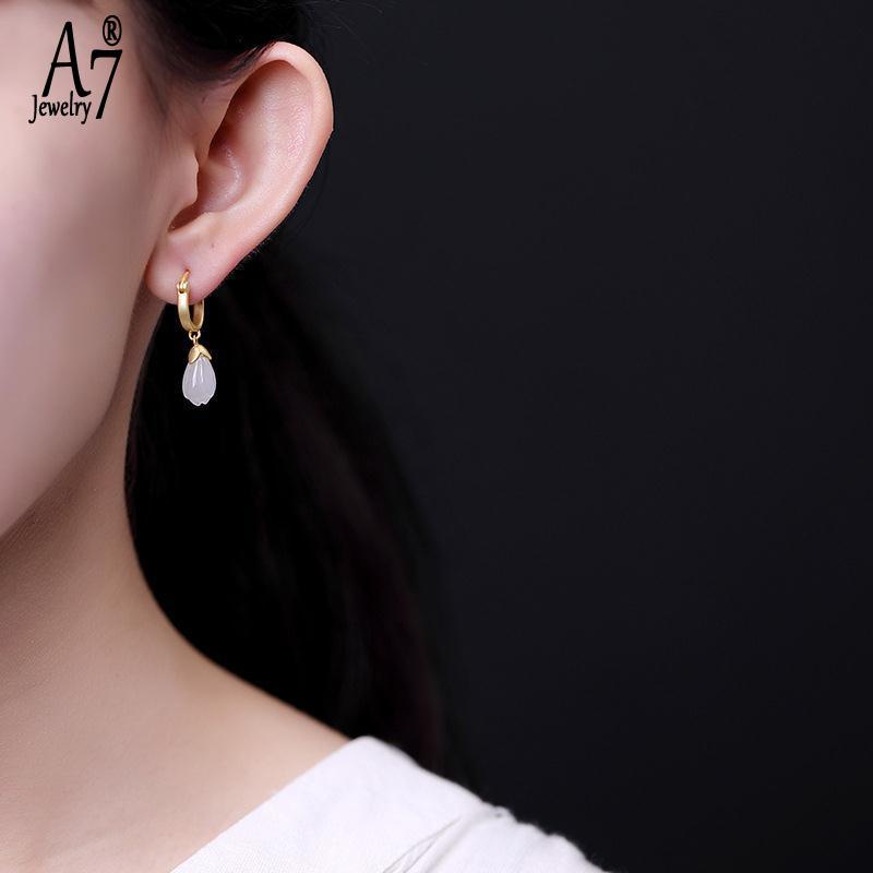 Bông Tai Bạc 925 Mặt Hình Hoa Mộc Lan Đính Đá Ngọc Bích Trắng Phong Cách Retro