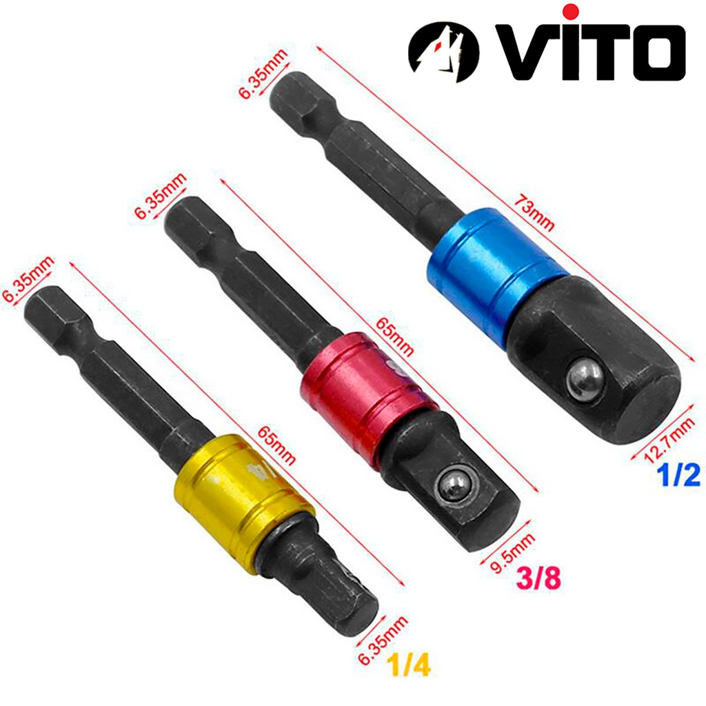 Bộ 3 Đầu Chuyển Sang Khẩu Bulong 1/4" 3/8" 1/2" 3 Màu VITO Gắn Cho Máy Khoan, Máy Bắn Vít