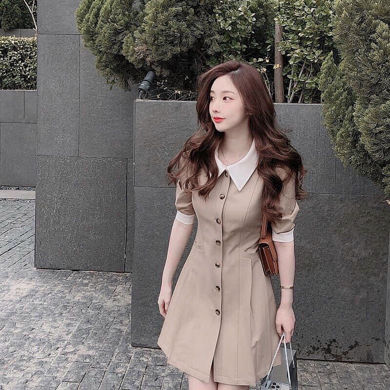 Đầm cổ sen dạo phố màu nâu nhạt chíp eo tôn dáng - Beona Dress | BigBuy360 - bigbuy360.vn
