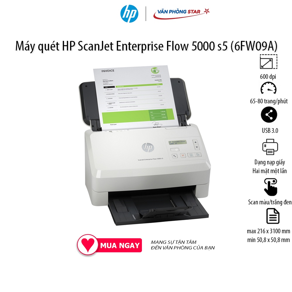 Máy quét HP ScanJet Enterprise Flow 5000 s5 (6FW09A) tốc độ 60 - 85 trang/phút độ phân giải 600 dpi Scan 2 mặt