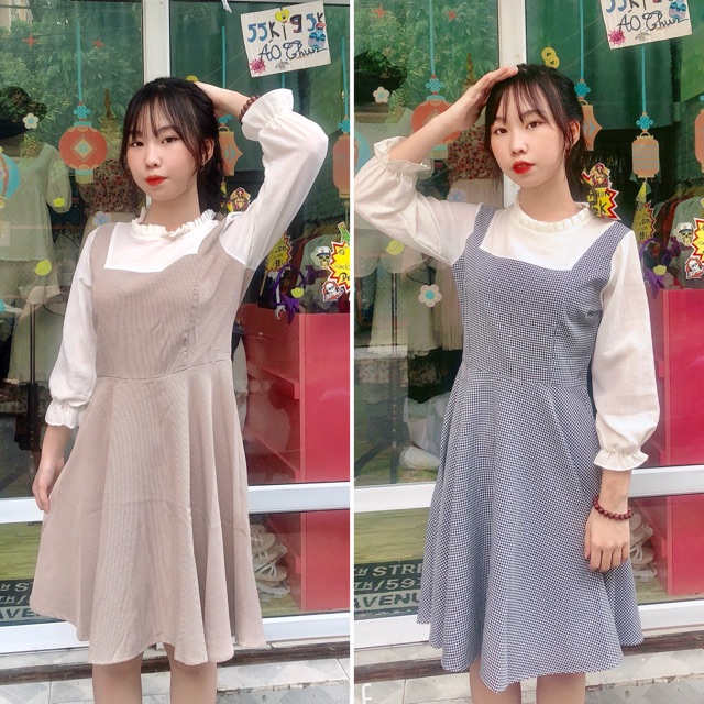 Đầm basic xoè caro phối tay trắng tiểu thư