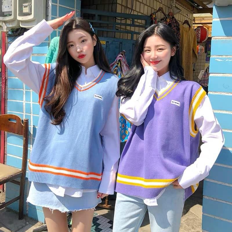 Set áo sơ mi trắng tay dài + áo len gile cổ V ulzzang ( 4 màu )