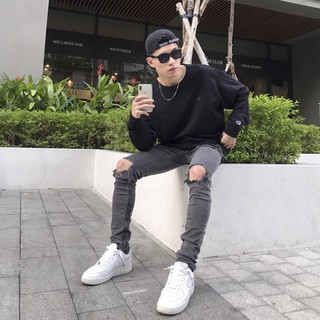 Quần Jean Nam Streetwear Cao Cấp FNOS Z11 Màu Xám - Rách Gối Form Slimfit - Có Zip Jean Thun Co Giãn.