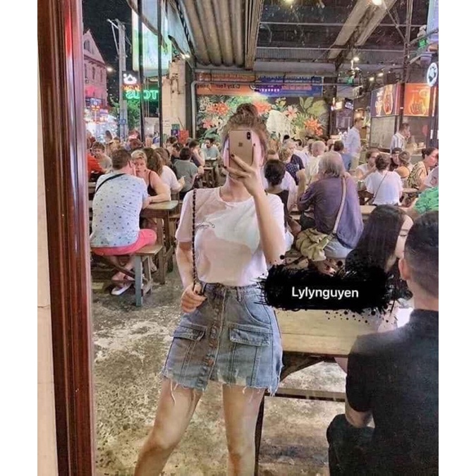 Quần giả váy bò đính khuy rách