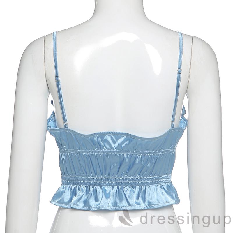 DRESSINGUP-Áo Croptop Hai Dây Nhún Bèo Quyến Rũ Cho Nữ