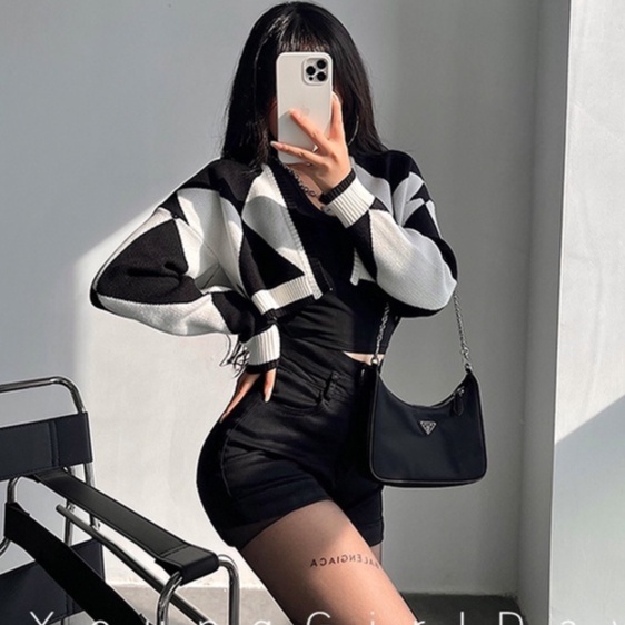 ihkke Áo khoác cardigan dệt kim tay dài dáng rộng màu sắc retro