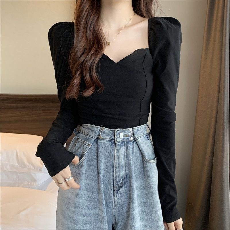 Áo thun NZN tay dài cổ vuông màu sắc đơn giản thời trang cho nữ