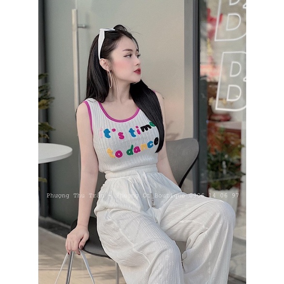 Áo len sát nách viền đen, hồng chữ bông nổi 093
