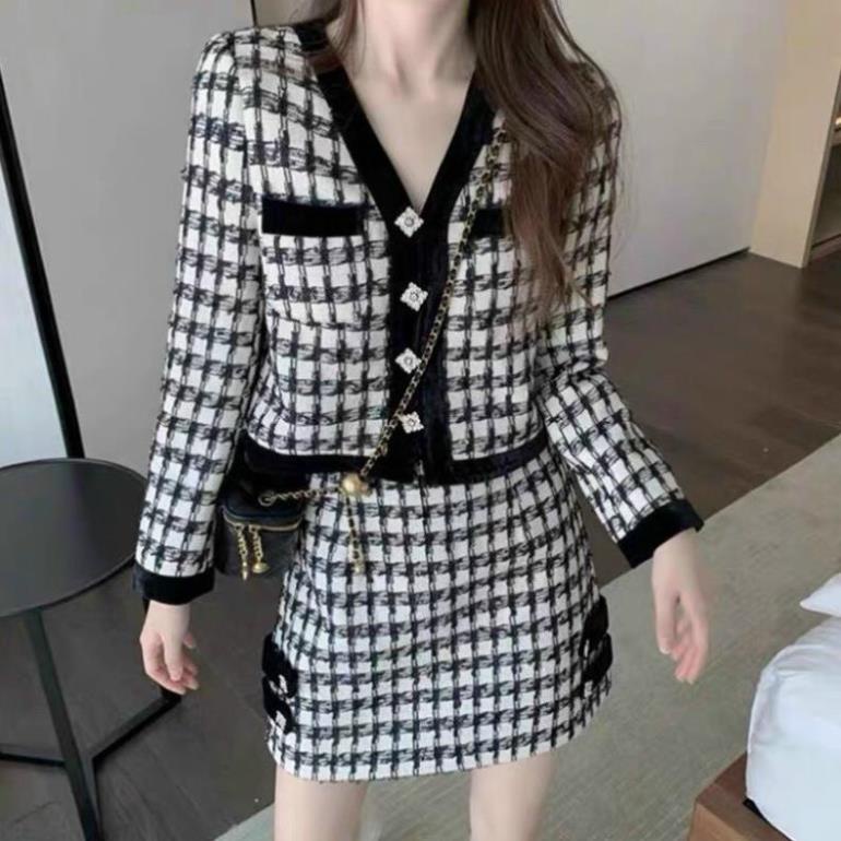 Set Đồ Nữ, Set Áo Len Cardigan Đính Cúc Đá Mix Chân Váy Chữ A Hàng Quảng Châu Cao Cấp Form Dưới 56kg