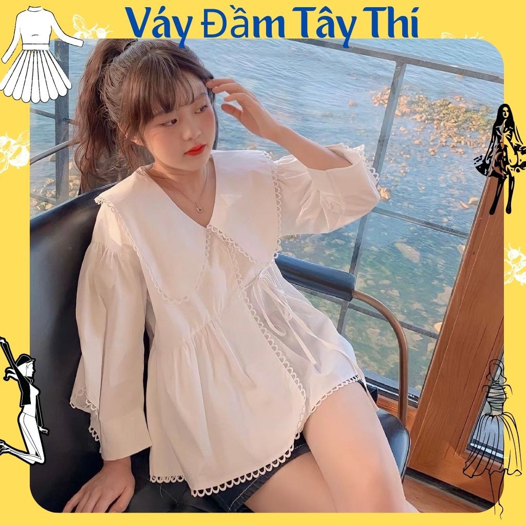 Áo nữ form rộng, áo sơ mi nữ cách điệu tay phồng viền ren cột eo siêu xinh màu trắng tinh khôi hàng cao cấp Tây Thi Shop